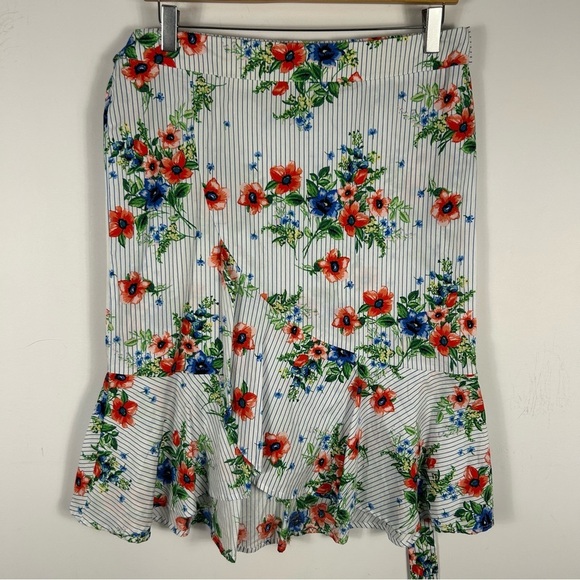 Meg & Margot Stripes Floral Blue Green Coral White Ruffle Front Belt S - Picture 3 of 9